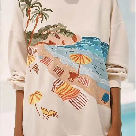 Anthro x Celandine Oversized Graphic Ivory Sweatshirt Sz L/XL NWT - Picture 2 of 16